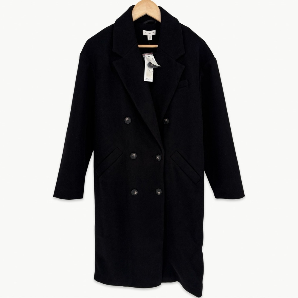 Topshop Double Breasted Longline Coat Size 6 Black Tailored Classic New